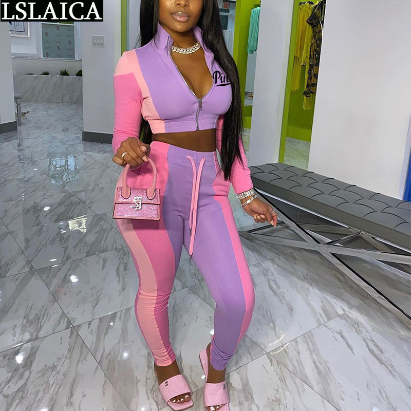 Tracksuit Women Casual Color Matching Waistless Fashion Streetwear Two Piece Set Zipper Drawstring Dresy Damskie 210520