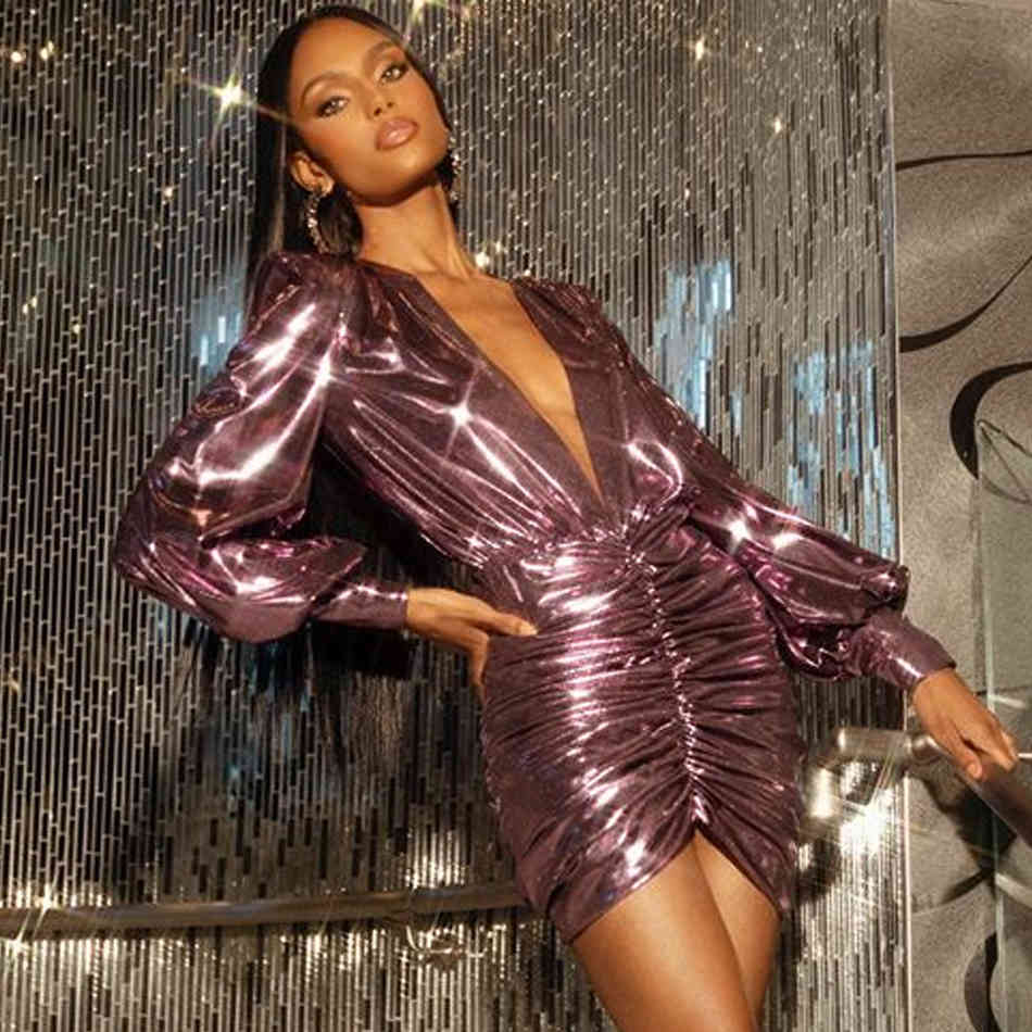 Winter Women Wine Red Long Sleeve V Neck Mini Club Dress Sexy Draped Buttons Celebrity Runway Party Bodycon 210423