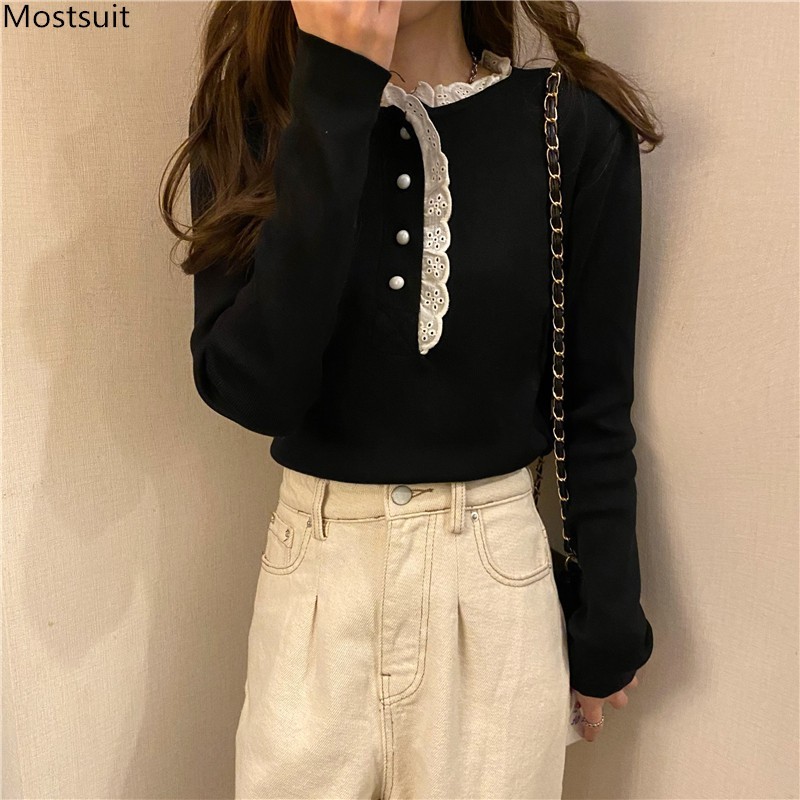 Spring Autumn Women Sweater Korean Ladies Jumper Long Sleeve Ruffles Buttons Knitted Pullover Tops Cute Pull Femme 210518, Black
Spring Autumn Women Sweater Korean Ladies Jumper Long Sleeve Ruffles Buttons Knitted Pullover Tops Cute Pull Femme 210518, Black