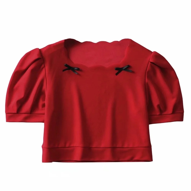 Sweet Lady Summer Short Puff Sleeve Tshirts Girls Fashion Bow Decoration Red Woman Tshirt Tops mujer camisetas 210520
Sweet Lady Summer Short Puff Sleeve Tshirts Girls Fashion Bow Decoration Red Woman Tshirt Tops mujer camisetas 210520