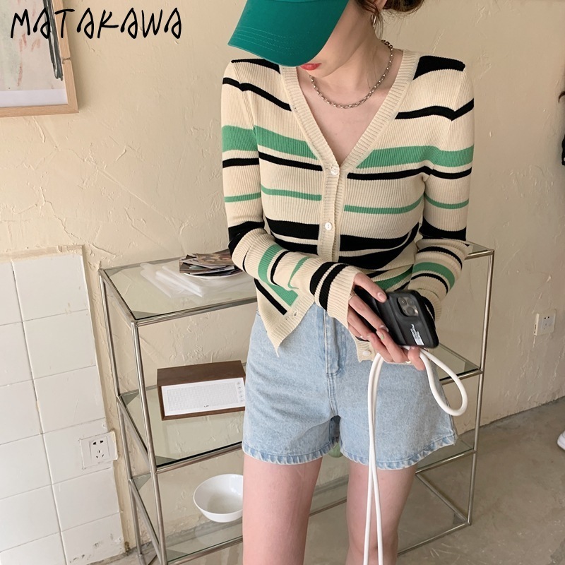 MATAKAWA Striped Women's Sweater Contrast Color V-neck Long-sleeved Knitted Cardigan Sweaters Spring Slim Single Breasted Top 210513