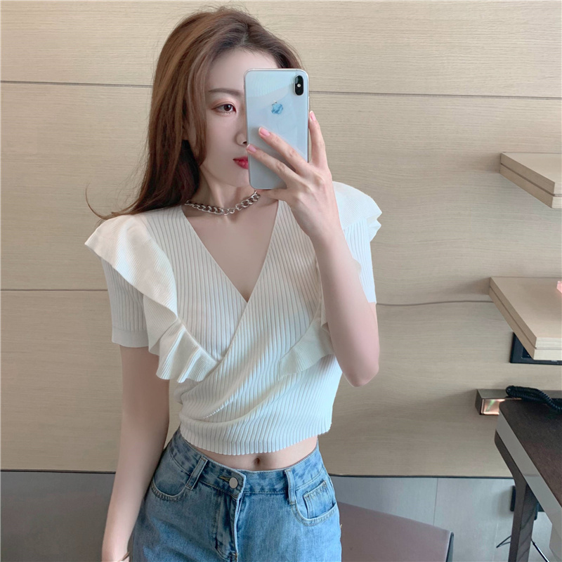 Summer Fashion Clothing Sweet Sexy V Neck Cross Short Sleeve Pink Tshirts Women Crop Tops Ruffles White Tees Elegant Black 210429