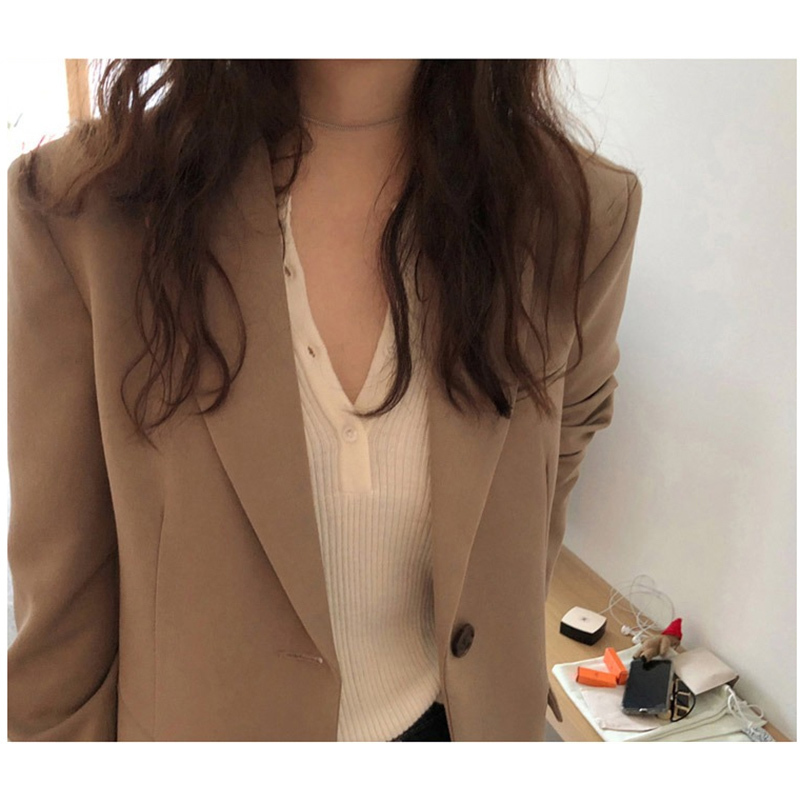 Aelegantmis Spring New Fashion Blazer Jacket Women Casual Pockets Long Sleeve Work Suit Coat Office Lady Solid Slim Blazers 210330