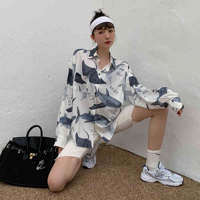 Shark Print Oversized Shirt White Long Sleeve Top Women Button Up Collar High Fashion Blouses 210427
