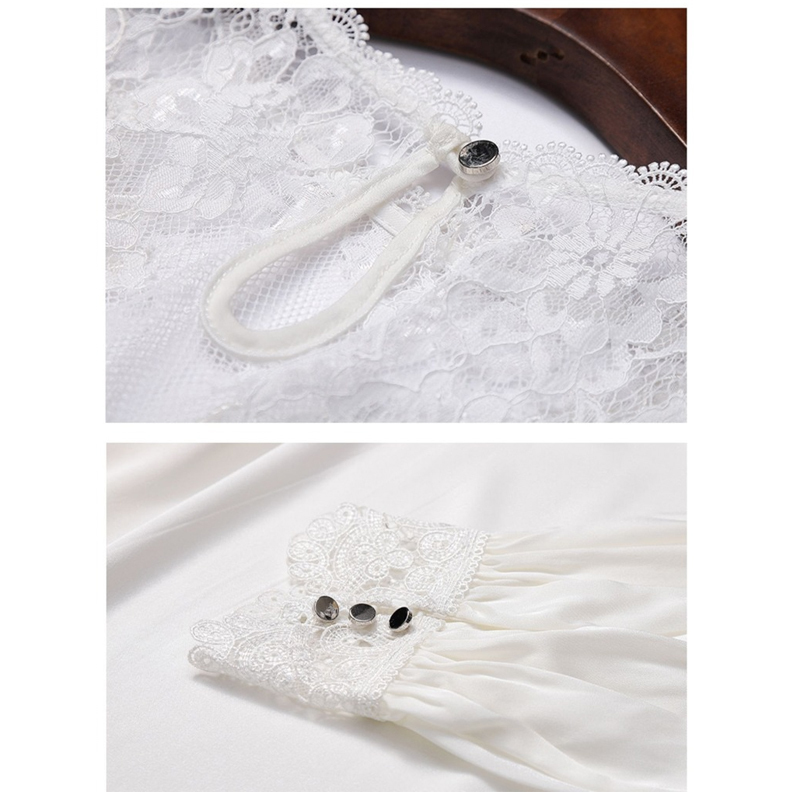 Autumn O-neck Lantern Sleeve Elegant White Silk Blouse Women Sexy Hollow Out Lace Long Blusas Mujer 10226 210427