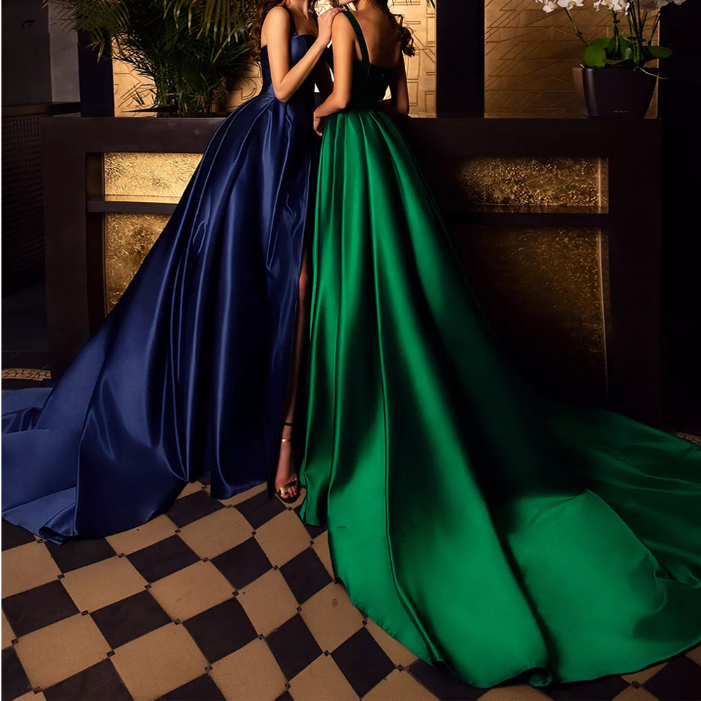 2021 Emerald Green Formal Evening Dresses A-Line Satin Sexy Split Straps Mermaid Prom Dress Pageant Party Gowns Long robe de soirée mariage