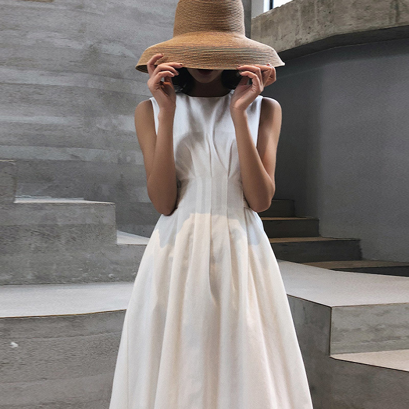 Summer Sleeveless Pockets Pleated Women Dress High Waist A-Line Female White Midi Dresses Elegant Fashion Ladies Solid Clothes 210409