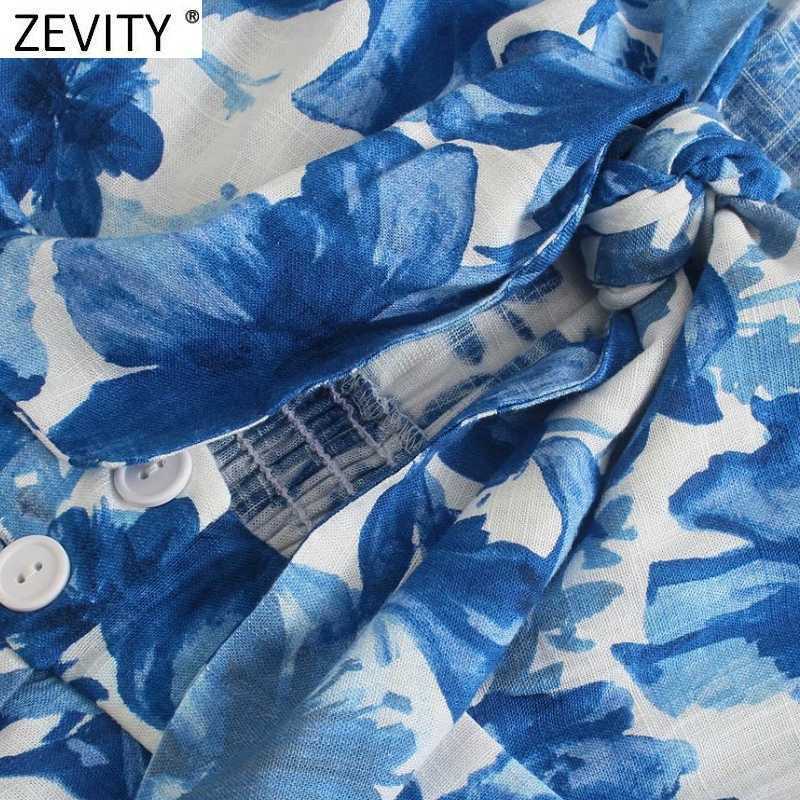 Zevity Women Fashion Knotted V Neck Floral Print Calf Length Jumpsuits Chic Lady Short Sleeve Elastic Waist Casual Rompers P1130 210603