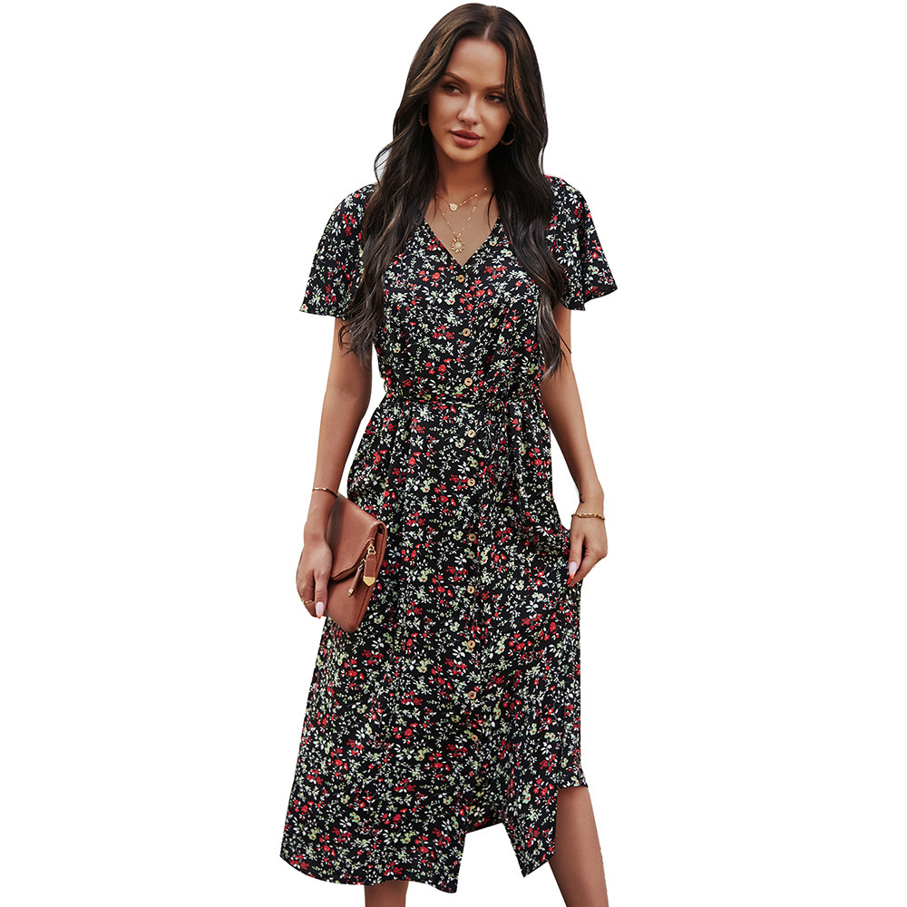 Women Dress Printed Bohemia Sexy Long Print Floral Maxi es V Neck Short Sleeve High Waist es 210513