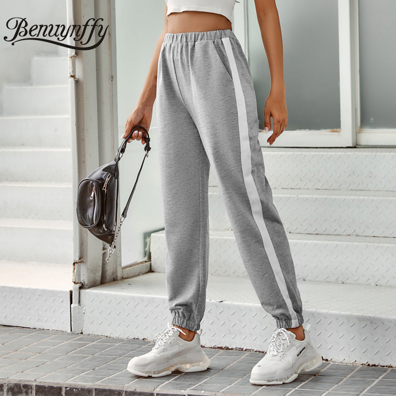 Grey Side Stripe High Waist Sweatpants Women Autumn Casual Elastic Pocket Ladies Sporting Pants Spring Joggers 210510