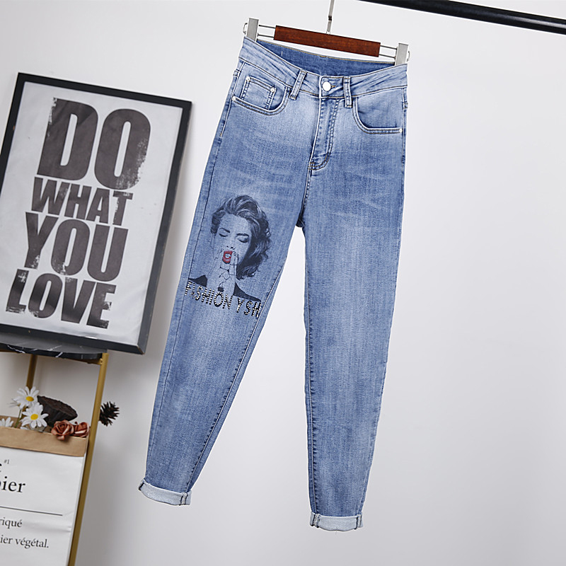 Streetwear Drilling Jeans Women's Spring Summer High Waist Printed Denim Pencil Pants Female Tide 5C835 210427