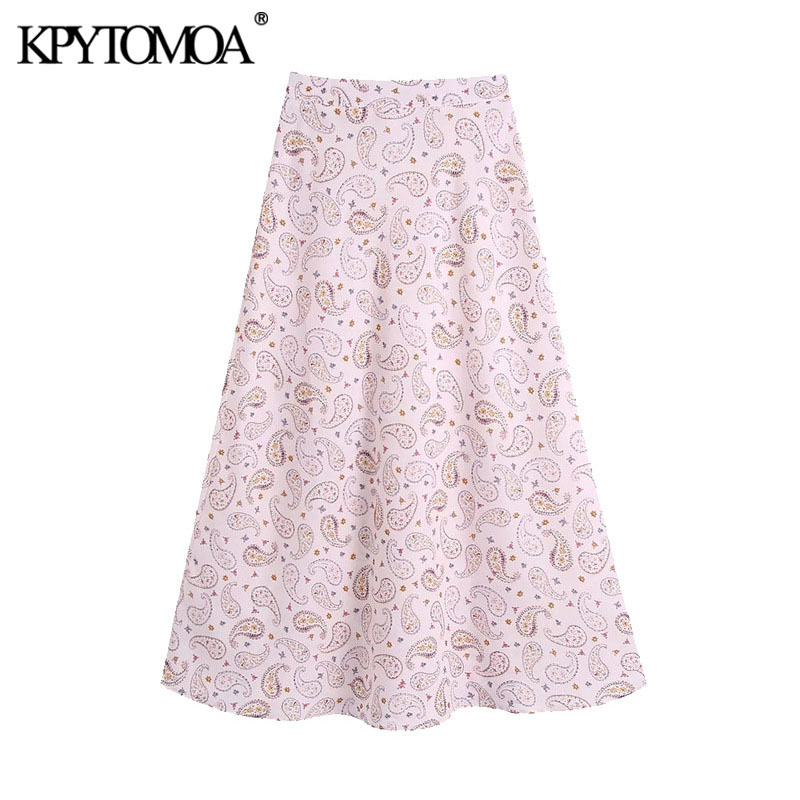 Women Chic Fashion Paisley Print Midi Skirt Vintae High Waist Side Zipper Female Skirts Mujer 210420