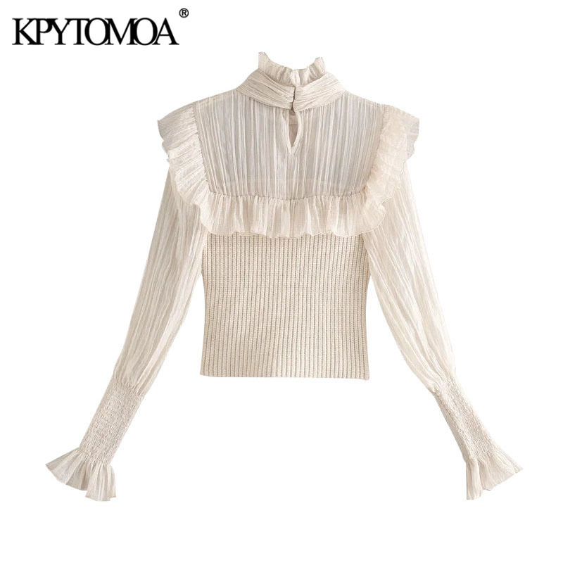 Women Fashion Organza Patchwork Ruffled Knitted Sweater High Neck With Bow Tied Female Shirts Chic Tops 210420