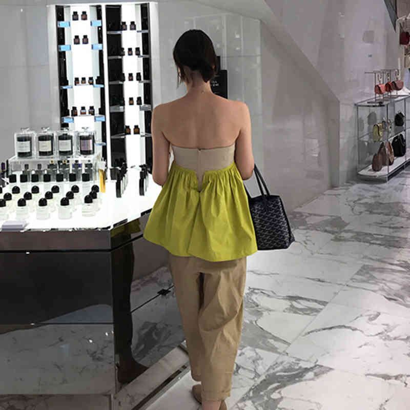 VGH Elegant Ruched Vest For Women Strapless Sleeveless Patchwork Sexy Tank Tops Female Summer Fashionable New Clothing 210421