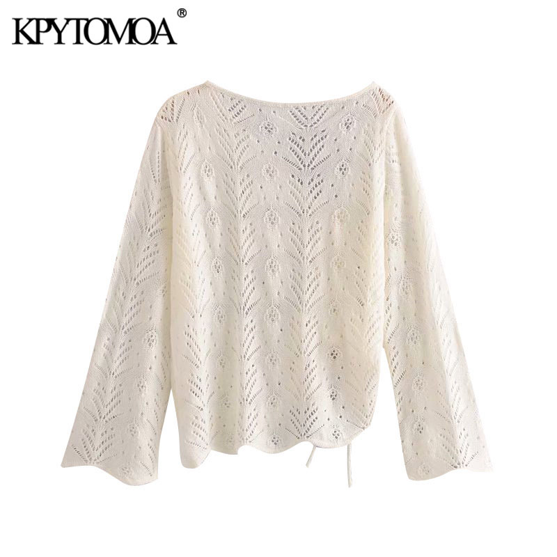 Women Fashion With Drawstring Hollow Out Irregular Knitted Sweater Long Sleeve Female Pullovers Chic Tops 210420