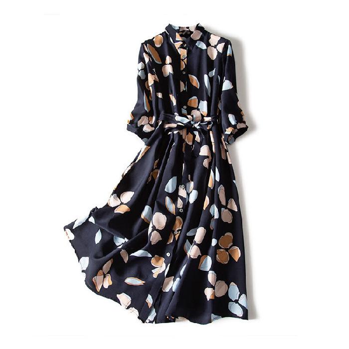 Autumn Korean Lace Up Dress Chiffon Print Shirt Long Skirt Professional Waist Slim Cover Two Piece