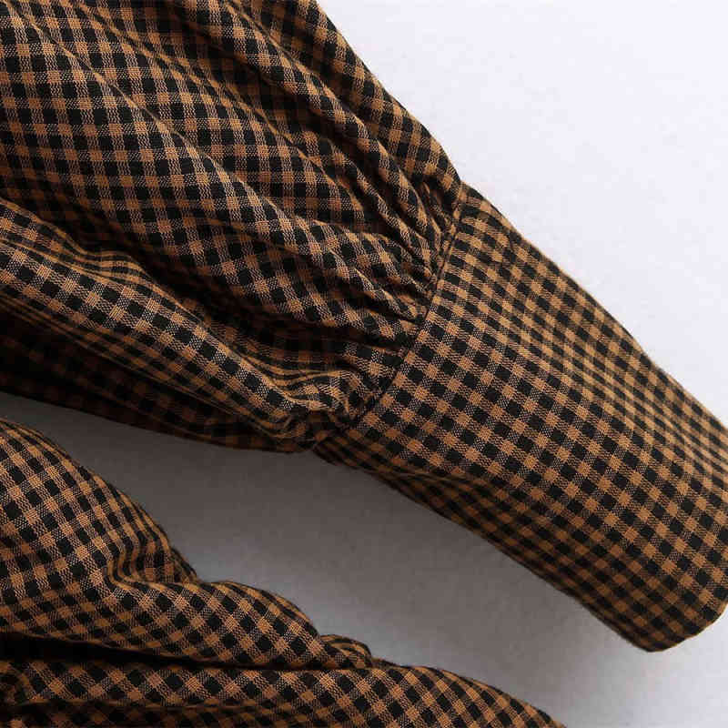 Vintage Woman Plaid Pleated Stretchy Slim Mini Dresses Spring Fashion Ladies Lantern Sleeve Female Elegant 210515