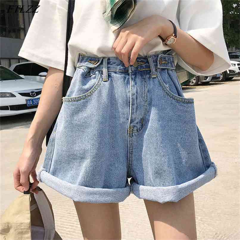 FTLZZ Summer Women High Waist Blue Denim Shorts Vintage Female Wide Leg Solid Color Loose Jeans 210714