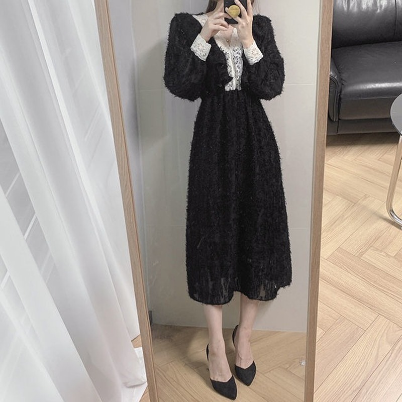 Elegant Vintage Dress Women V-Neck Lace High Waist Dress Korean Spring Party Office Long Sleeve Dress Female Chic 210521