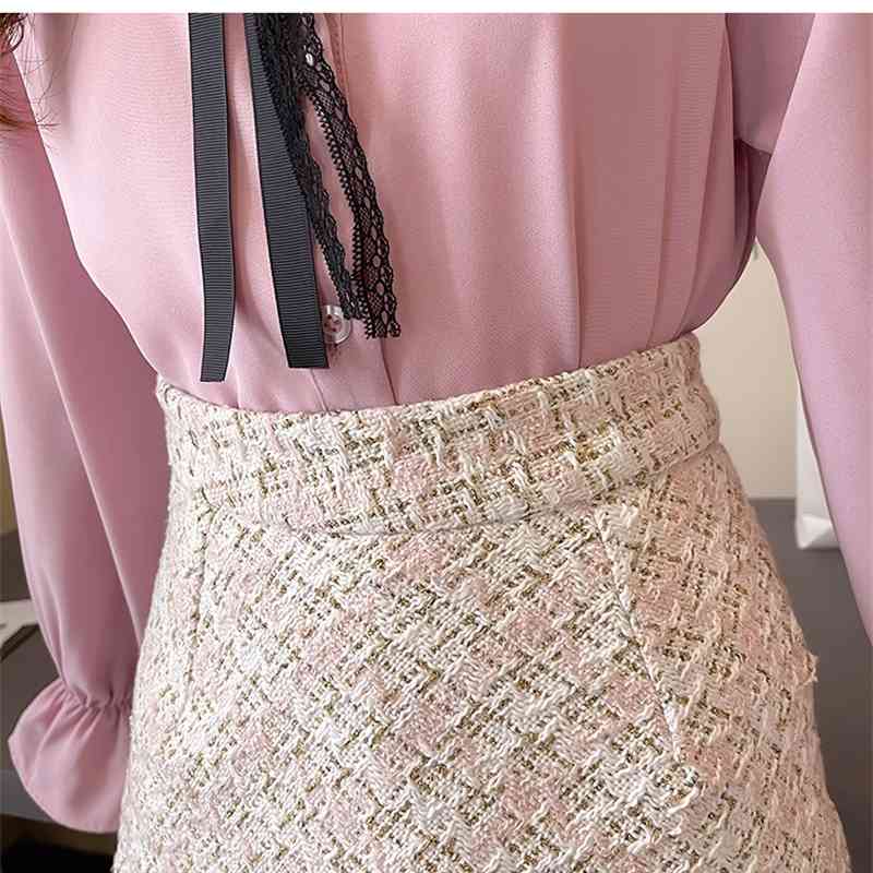 Spring Sweet Mesh Patchwork Lace Shirt Two Pieces Set + Trumpet Mermaid High Waist Tweed Woollen Skirt Suit 210520