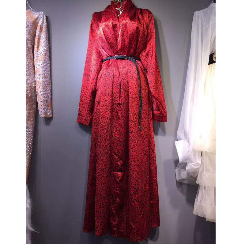 Spring Summer Women Dress Red Maxi Leopard Long V-neck Full Sleeve Vestido Verano Style Runway Party Belt 210421