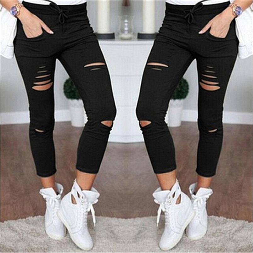 fashion ripped holes pencil women capris high waist skinny trousers, Black;white
