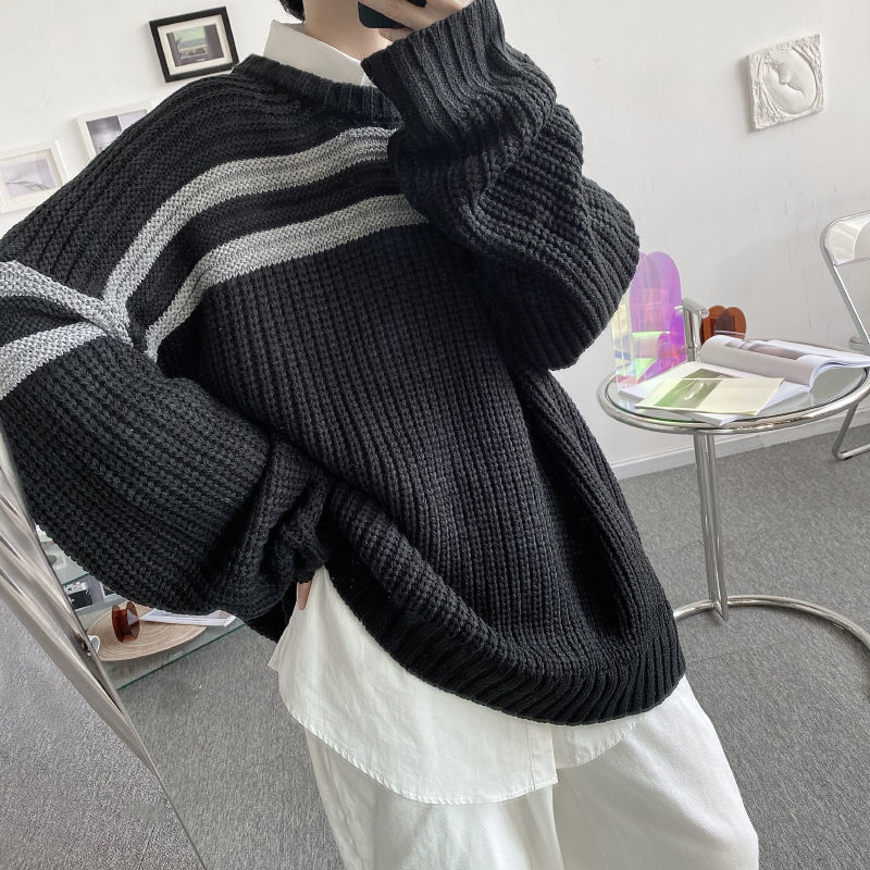 IEFB Autumn Kinttwear Tops For Men Korean Loose Long Sleeve Big Size Round Collar Sweater Vintage Pullovers Gray 9Y4226 210524