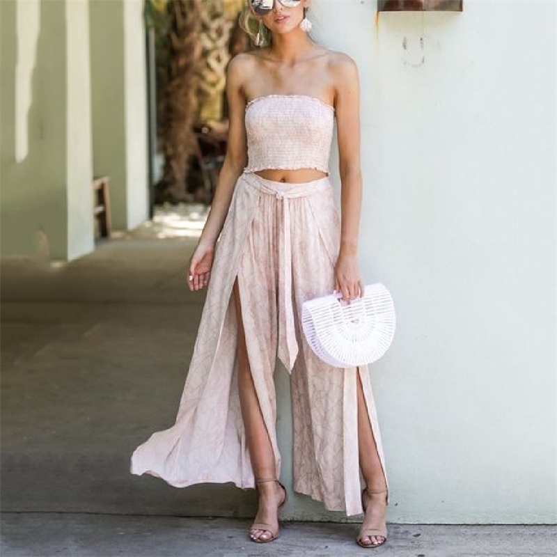 Sexy 2 Pieces Sets Blue Printing Beachwear Women Floral Clothes Tank Top Wide Leg Pants Outwear Beach Cover up A427 210420