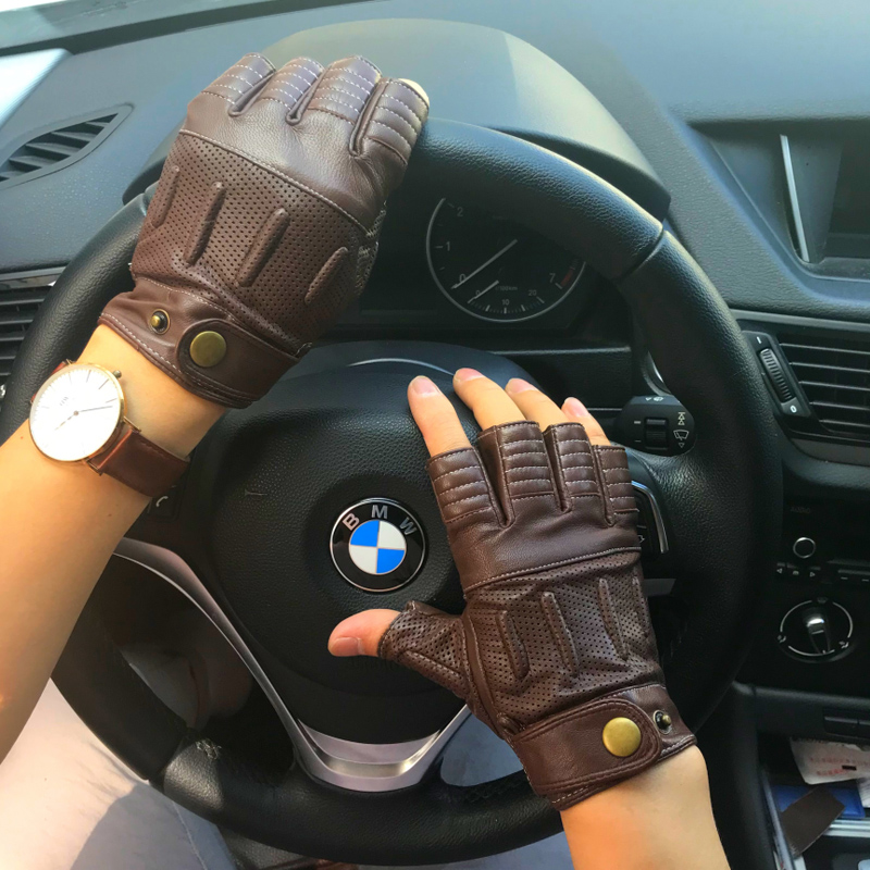 Fashion Non-slip Half Finger Gloves Summer Men Goatskin Motorcycle Leather Male Semi-Fingers Driving
