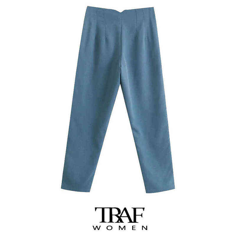TRAF Za Women Chic Fashion With Seam Detail Office Wear Pants Vintage High Waist Zipper Fly Female Ankle Trousers Mujer 211115