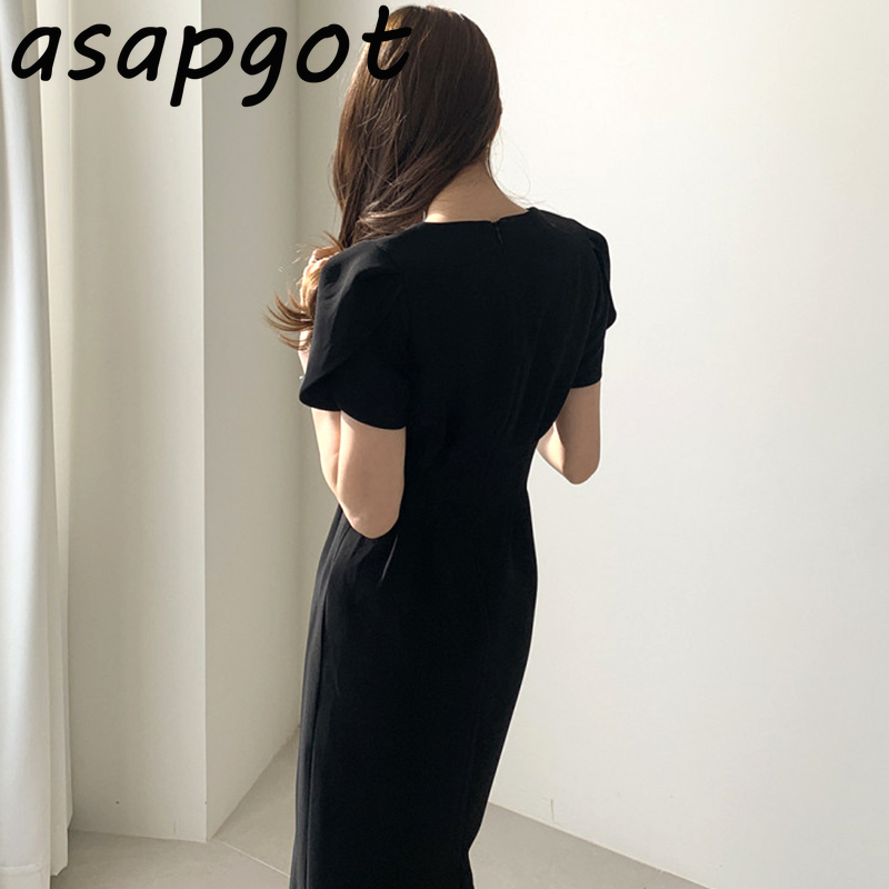 Dresses Elegant Temperament Koeran Chic Office Lady Summer Plus Size Puff Short Sleeve Khaki Dress Slim V Neck Waist Black 210429