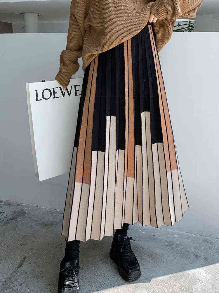 TIGENA Autumn Winter Women Knitted Midi Skirt Vintage Contrast Striped A Line High Waist Pleated Long Skirt Female Ladies 211119