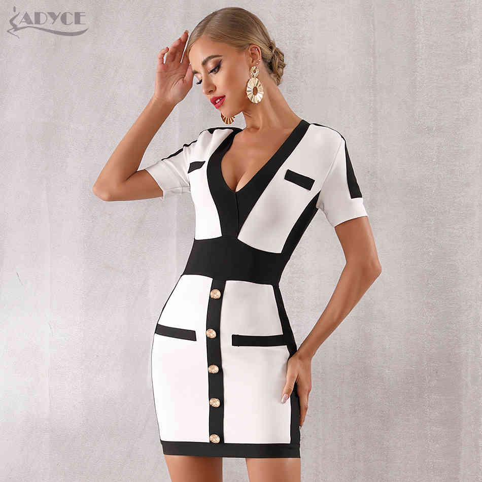 ADYCE New Summer Women Fashion Bandage Dress Celebrity Evening Party Dress Sexy Deep V Short Sleeve Mini Bodycon Club Dress 210331