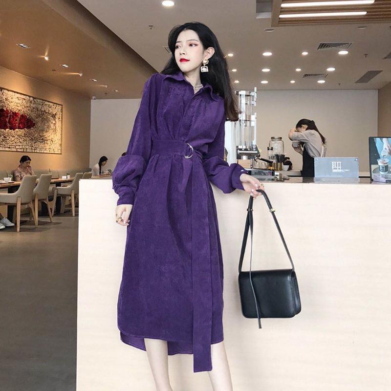 Casual Dresses 2021 Autumn Winter Women Corduroy Purple Dress Korean Style Solid Color One Piece Long Chic Slim Fit Sleeve Vestidos