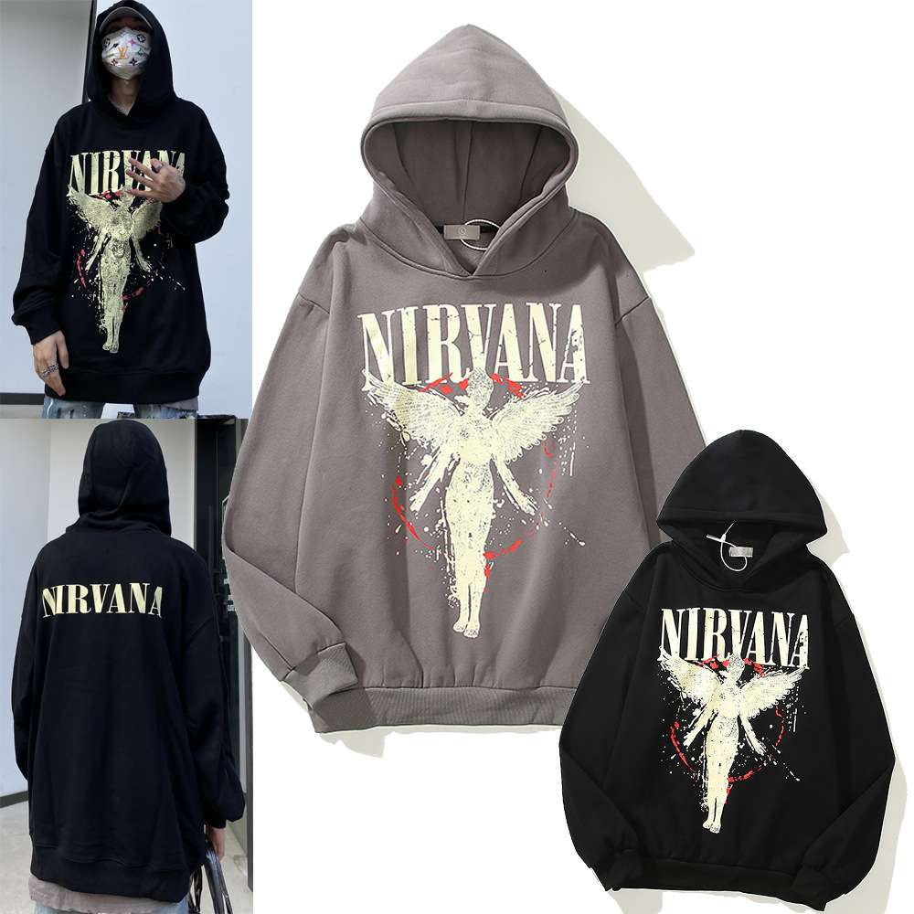 High Street Nirvana Angel Print Loose Casual Men's and Women's Fashion Brand Plush Hooded Pullover Jacket, White;black
High Street Nirvana Angel Print Loose Casual Men's and Women's Fashion Brand Plush Hooded Pullover Jacket, White;black