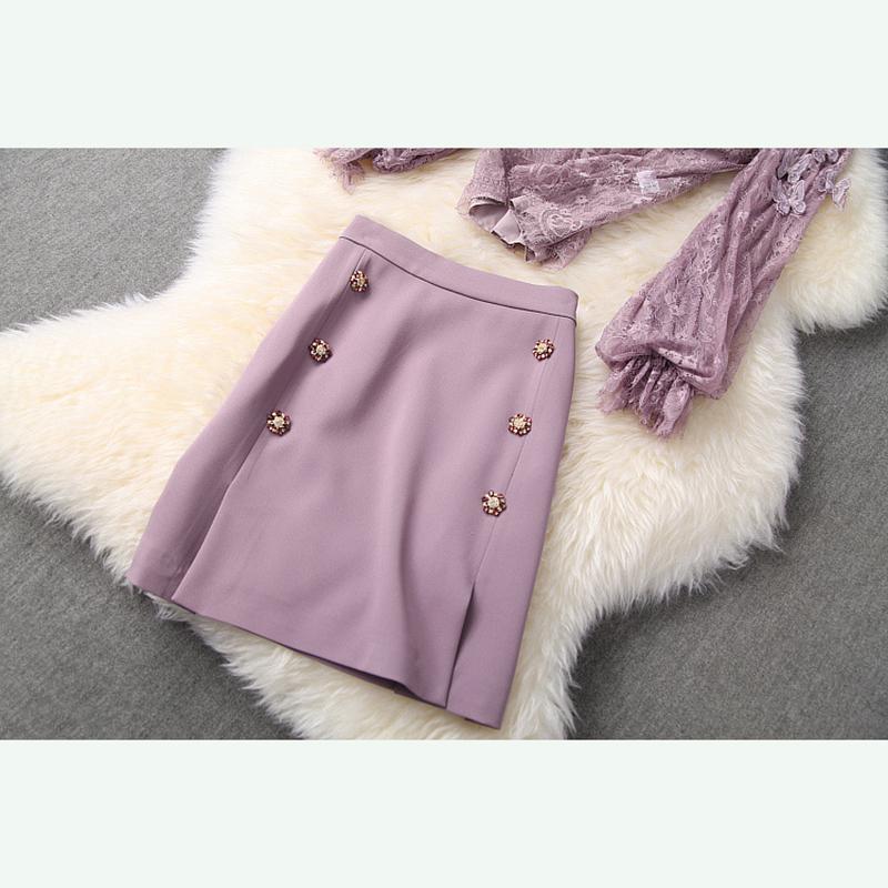 Est 2021 Stylish Runway Suit Set Women's Long Sleeve Lace Blouse Top Strass Buttons Skirt Two Piece Dress