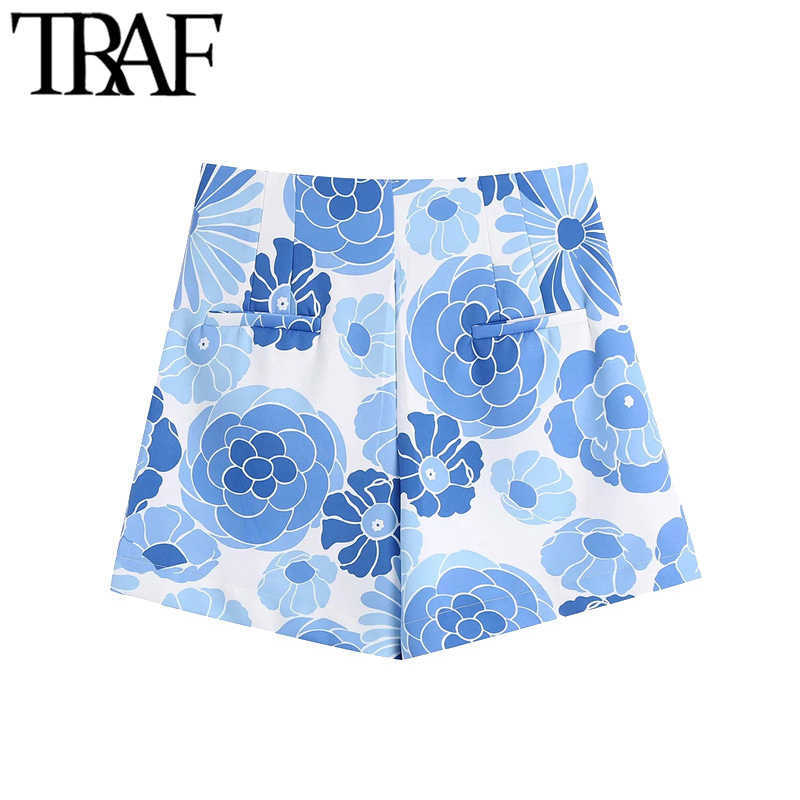 TRAF Women Chic Fashion Side Pockets Floral Print Bermuda Shorts Vintage High Waist Zipper Fly Female Short Pants Mujer 210611