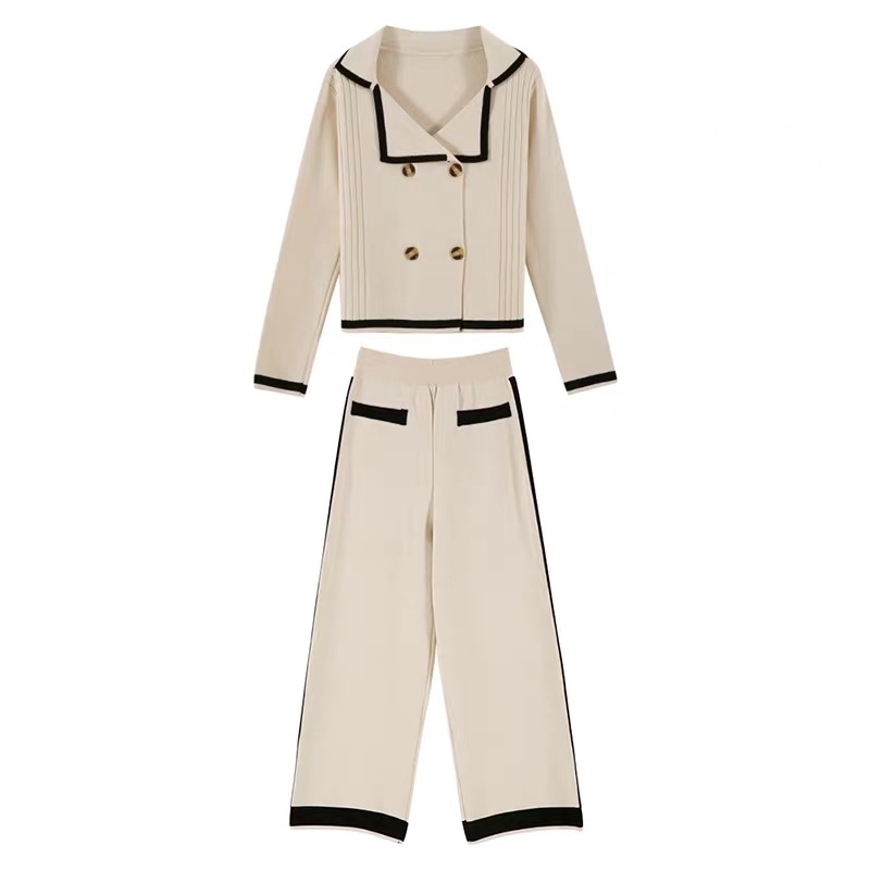 Autumn 2 Piece Set Women Double Breasted Sweater Turn down collar Long Sleeve Cardigan+Wide Leg Full Length Pants Knit 210519