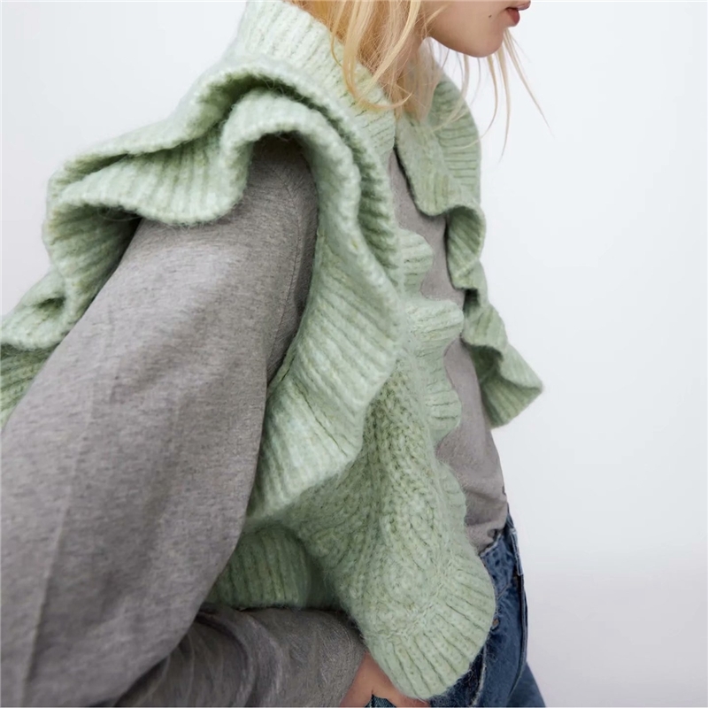 Elegant Women Cascading Ruffles Sweaters Fashion Ladies Knitted Tops Streetwear Female Chic Mint Short Cardigans 210430