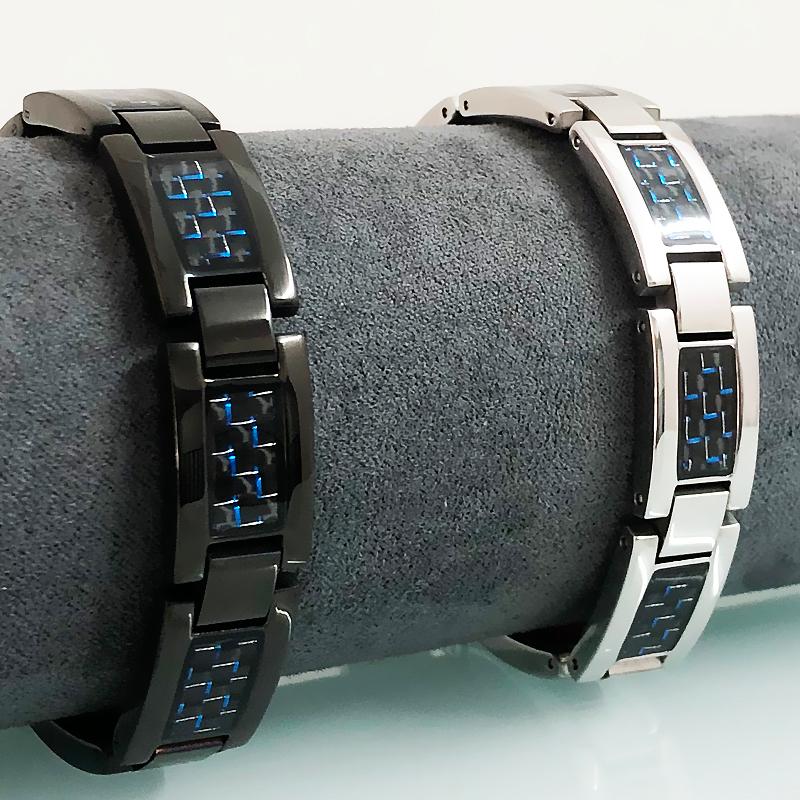 Lien, Chaîne Homme Germanium Energie Soins de santé Bio Bracelet magnétique Bleu Fibre de carbone Titanium Acier pour Homme Masmbe Barband Bijoux