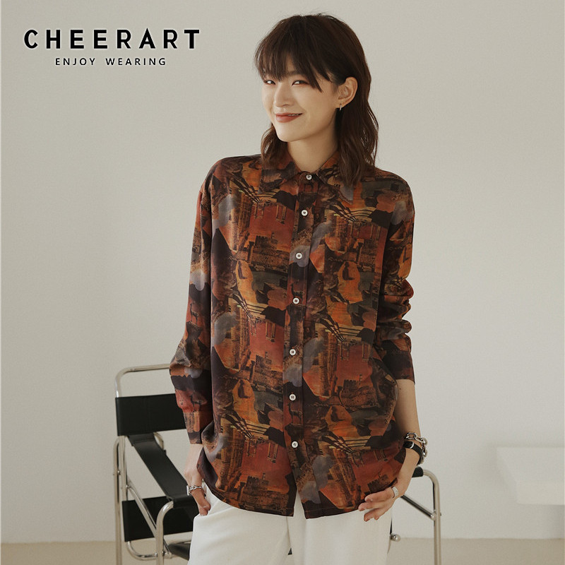Camp Style Vintage Shirt Long Sleeve Blouse Print Button Down For Women Arrival Fashion 210427