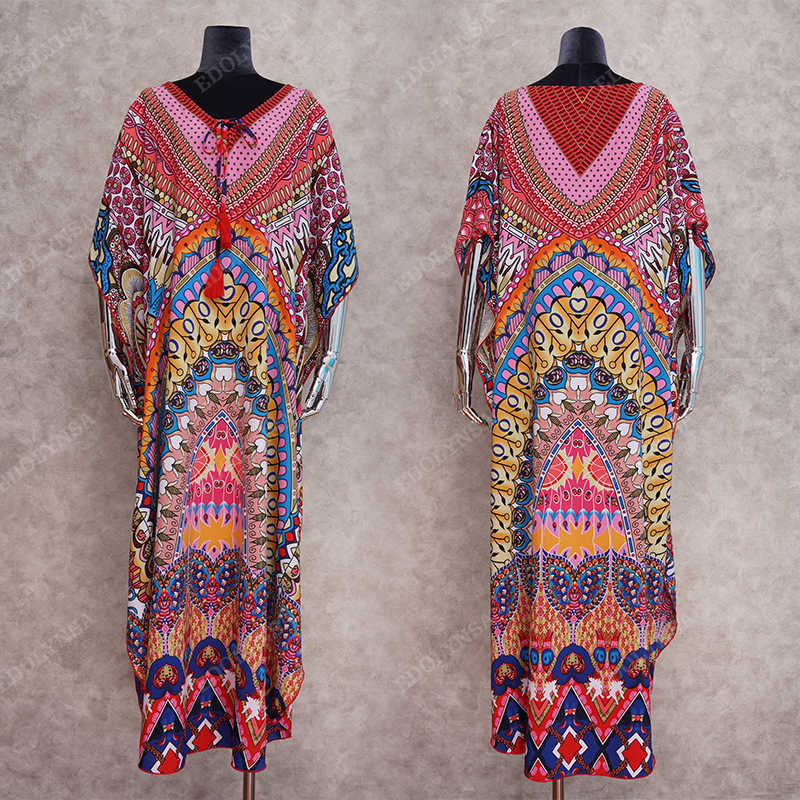 Quick-drying Bohemian Printed Loose Summer Beach Dress Moroccan Kaftan Women Plus Size Beachwear Tassel Midi Q897 210623