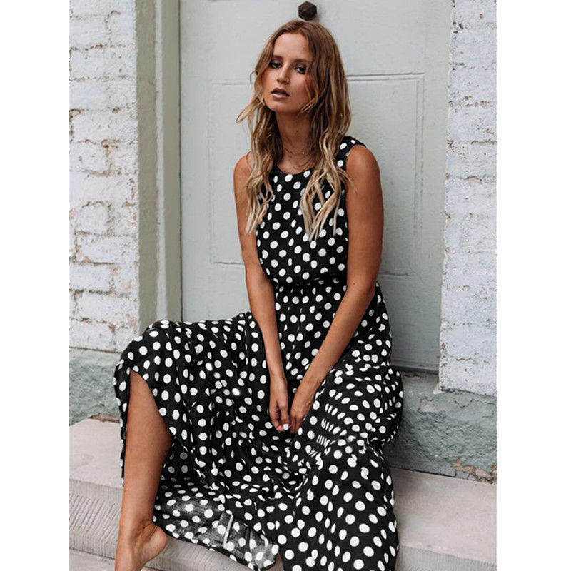 Summer Sleeveless Polka Dot Print Women Midi Dress Casual Fashion Dresses A-Line Boho Elegant Beach Long Dress Vestidos 210419