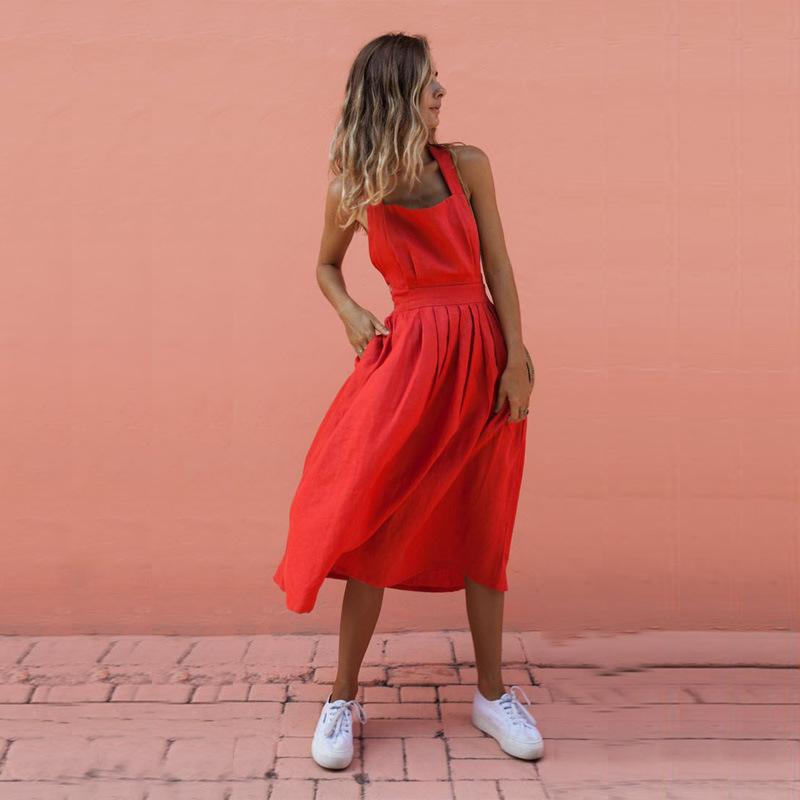 Women 2021 Summer Boho Dress Strappy Long Maxi Sexy Button Waist Backless Party Red Beachwear Sundress Casual Dresses