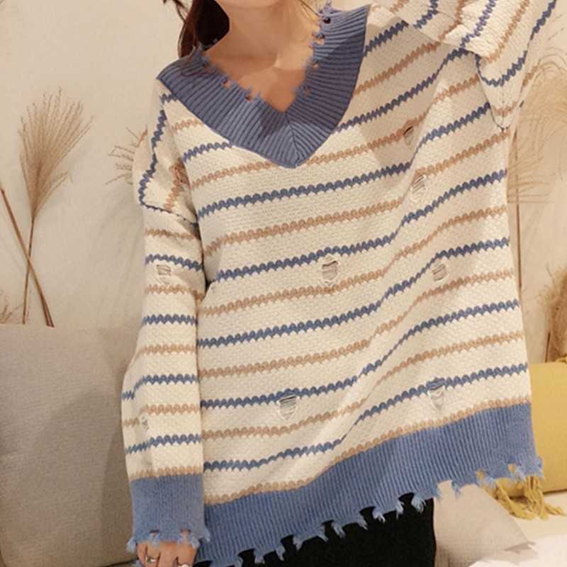 Yedinas Pullover Sweater Knitted Women Winter Ripped Long Sleeve V Neck Striped Sweaters For Casual Jumper Ladies 210527
