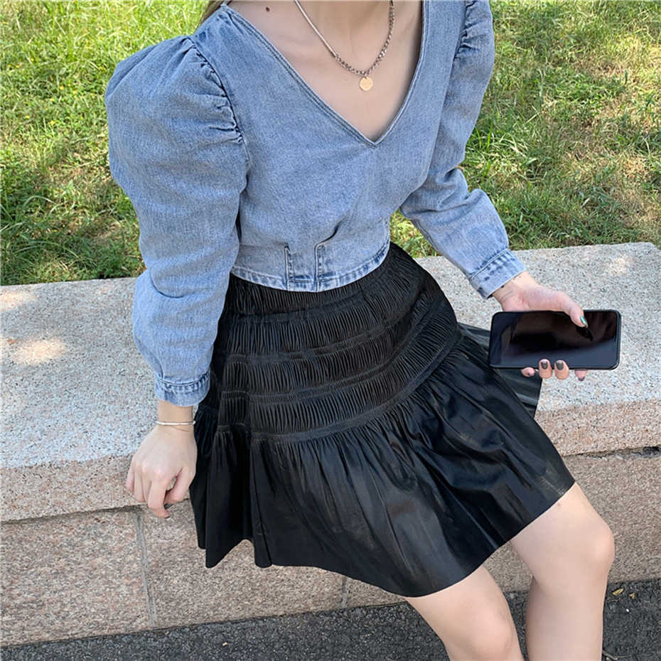 Denim Jeans Cropped Tops Women Back Zipper V-Neck Blouse Plus Size Crop Top Autumn Long Sleeve Street Wear Short Shirts 210601