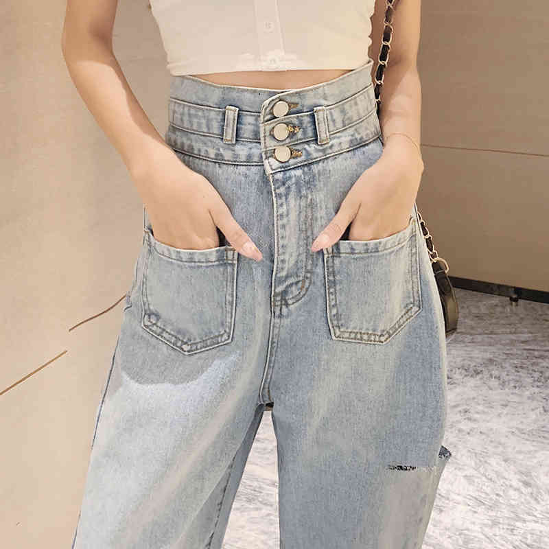 Comelsexy Autumn Vintage Jeans Woman Long Trousers Cowboy Female Loose Streetwear High-rise Ripped Pants 210515