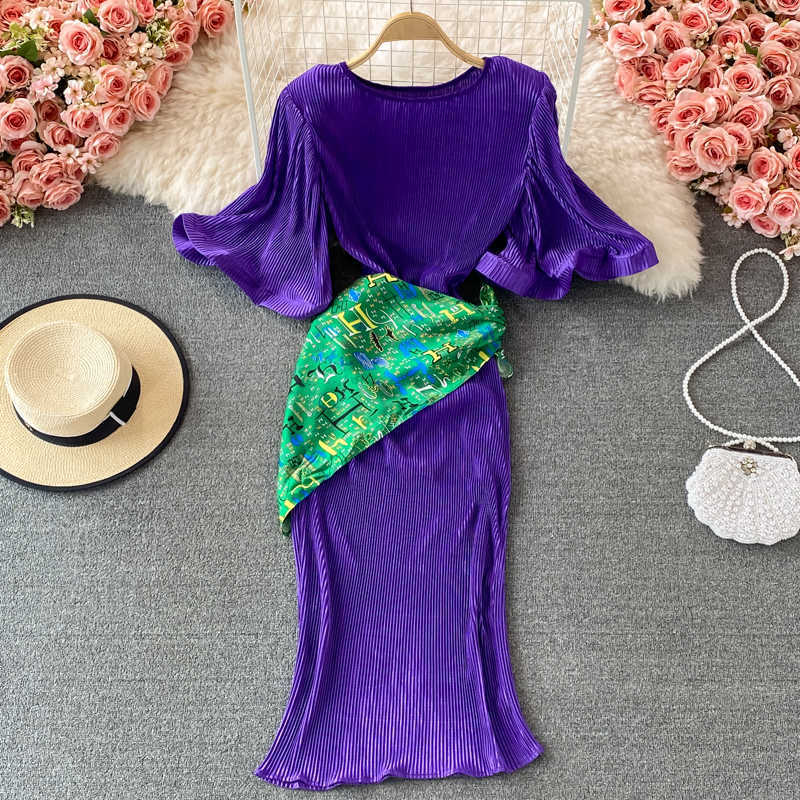 DEAT Women Pleated Ruffles Dress Round Neck Short Sleeve Arrivals Lady Temperament Fashion Spring Summer 11D1411 210709