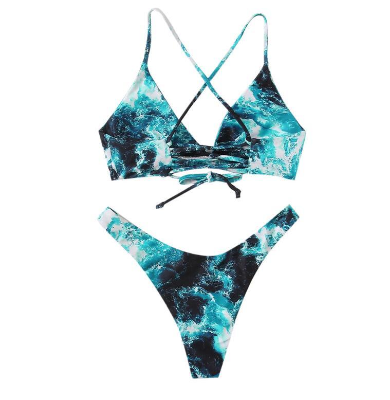 Beach Set Sexy Back Cross Lacing up Gradient Print Bikini Padded Bra Swimwear Swim Women Suit Swimsuit 2 pieces set 210429