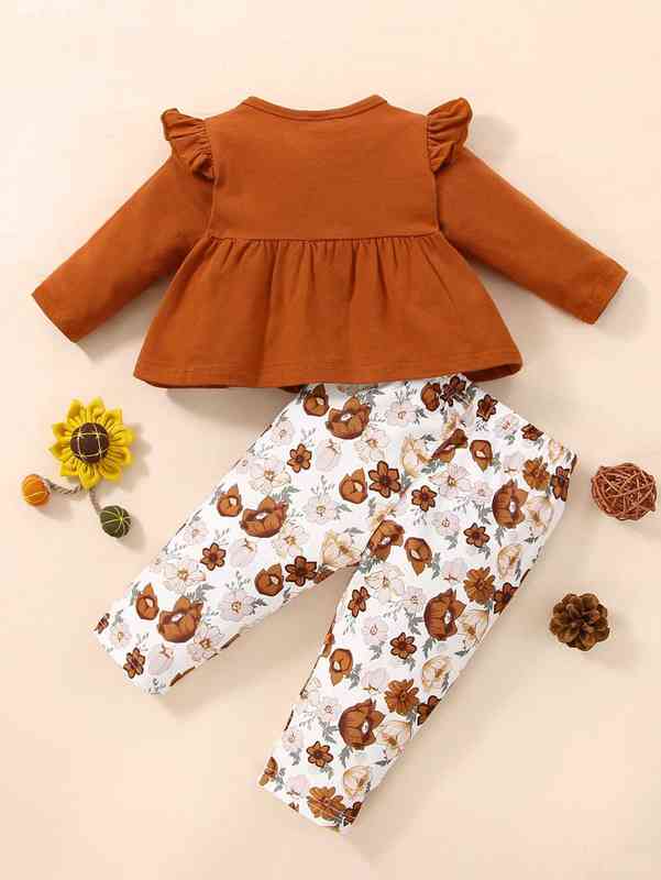 Baby Ruffle Trim Floral Print Bow Front Top & Pants SHE